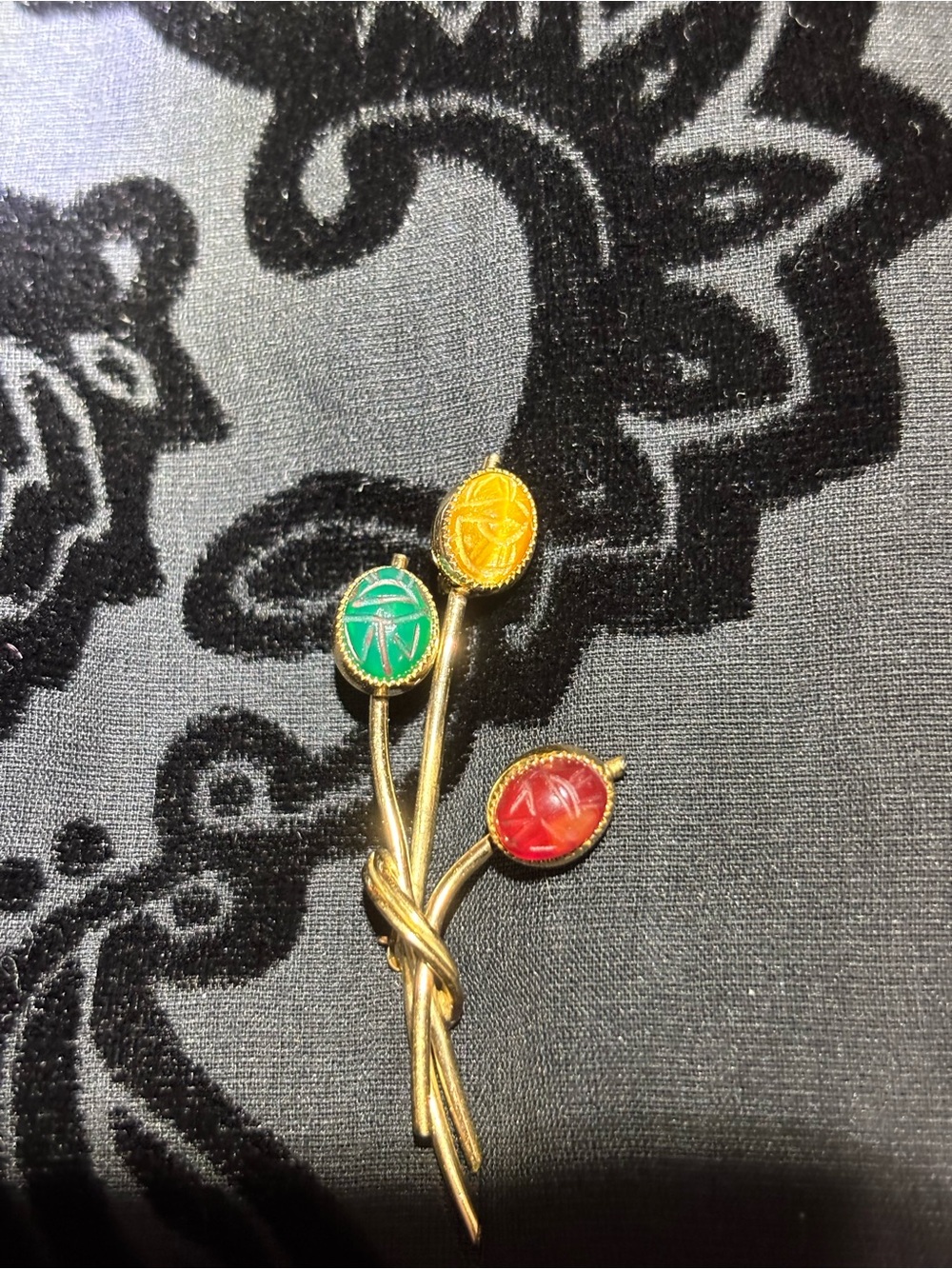 Vintage Gold Tone Trio Floral Brooch with Red, Green & Yellow Cabohons